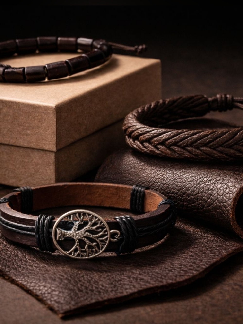 Brown and Black Braided Bracelet Set